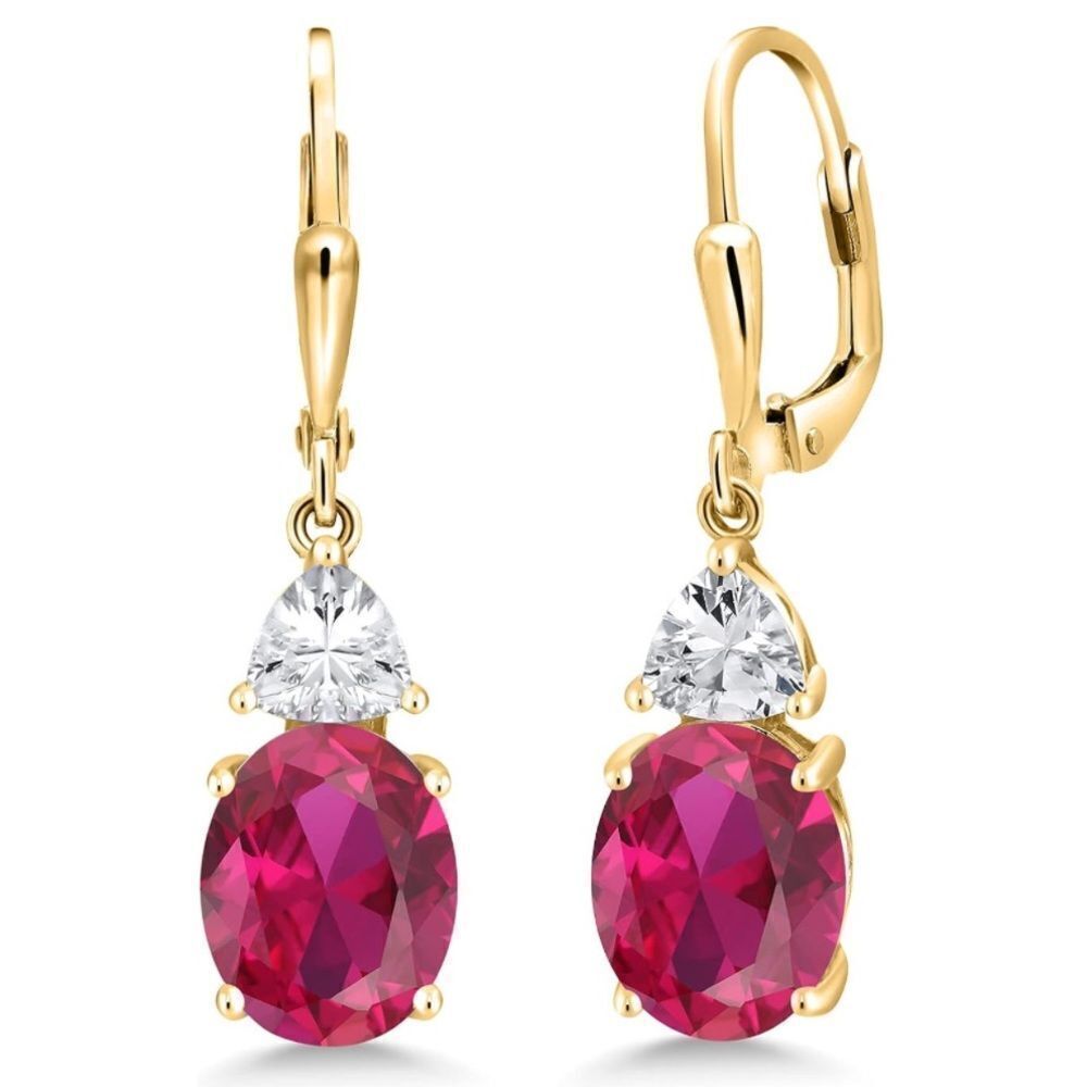 18K Yellow Gold 6.54 Cttw Ruby and White Diamond Cubic Zirconia Drop Earrings
